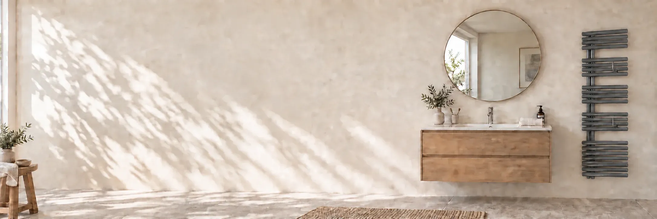 ROTHLER designhanddoekradiator in antraciet naast een houten badmeubel en ronde spiegel